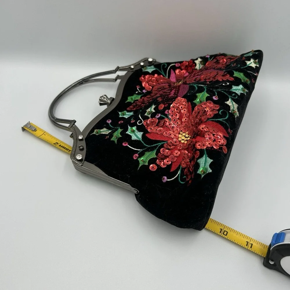 Vintage‎ VENDULA Purse Black Velvet Rhinestones Sequins Poinsettias